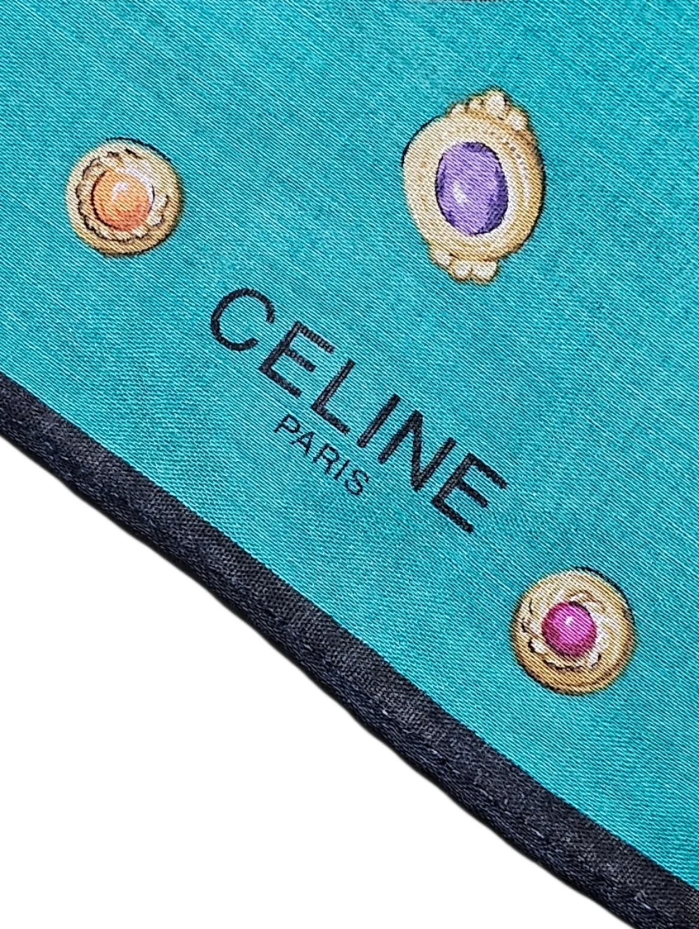 Celine Turquoise Silk Scarf with Gold and Jewel Accents